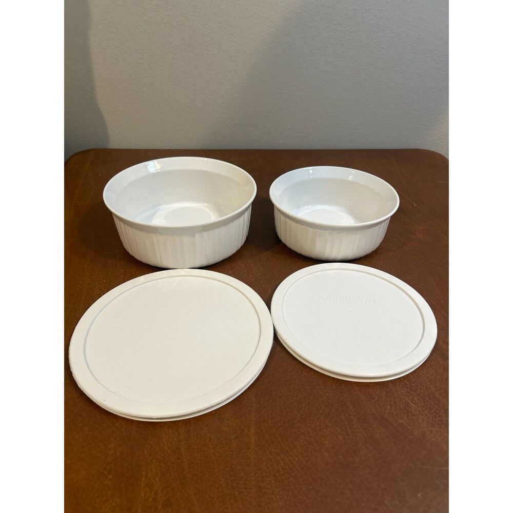 2 Corning Ware White Ribbed Casserole Dishes  1 1/2 QT and 2 1/3 QT With Lids